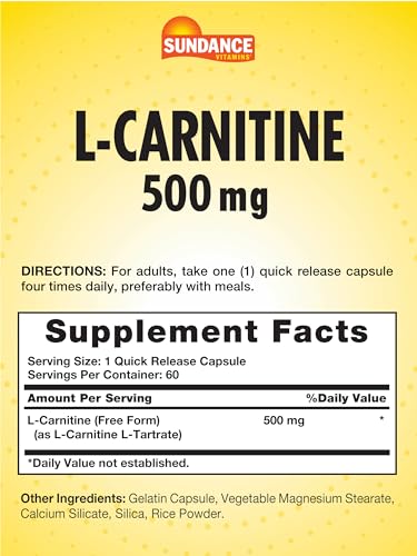 L-Carnitine 500mg | 60 Capsules | Free Form Amino Acid | Non-GMO and Gluten Free Sundance