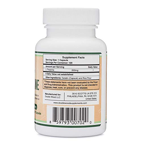 L-Theanine Supplement 200mg, 120 Capsules (Soy Free, Gluten Free, Non-GMO Double Wood Supplements