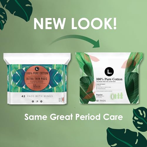 L. Pure Cotton Topsheet Pads for Women, Regular Absorbency, Ultra Thin Pads with Wings L.