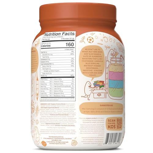 KOS Organic Vegan Protein Powder with 50mg Caffeine, Salted Caramel Coffee KOS