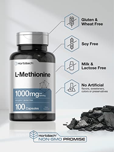 L Methionine 1000mg | 100 Capsules | Non-GMO, Gluten Free | Free Form Supplement Horbäach