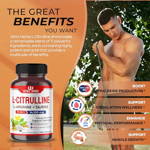 L-Citrulline 14,100 mg 11 in 1 with L-Arginine + Taurine, Ashwagandha, Creatine, Tongkat Ali ULTRA HERBS