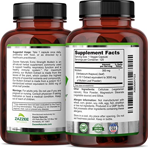 Zazzee Extra Strength Mullein 10:1 Extract, 3000 mg Strength, 120 Vegan Capsules