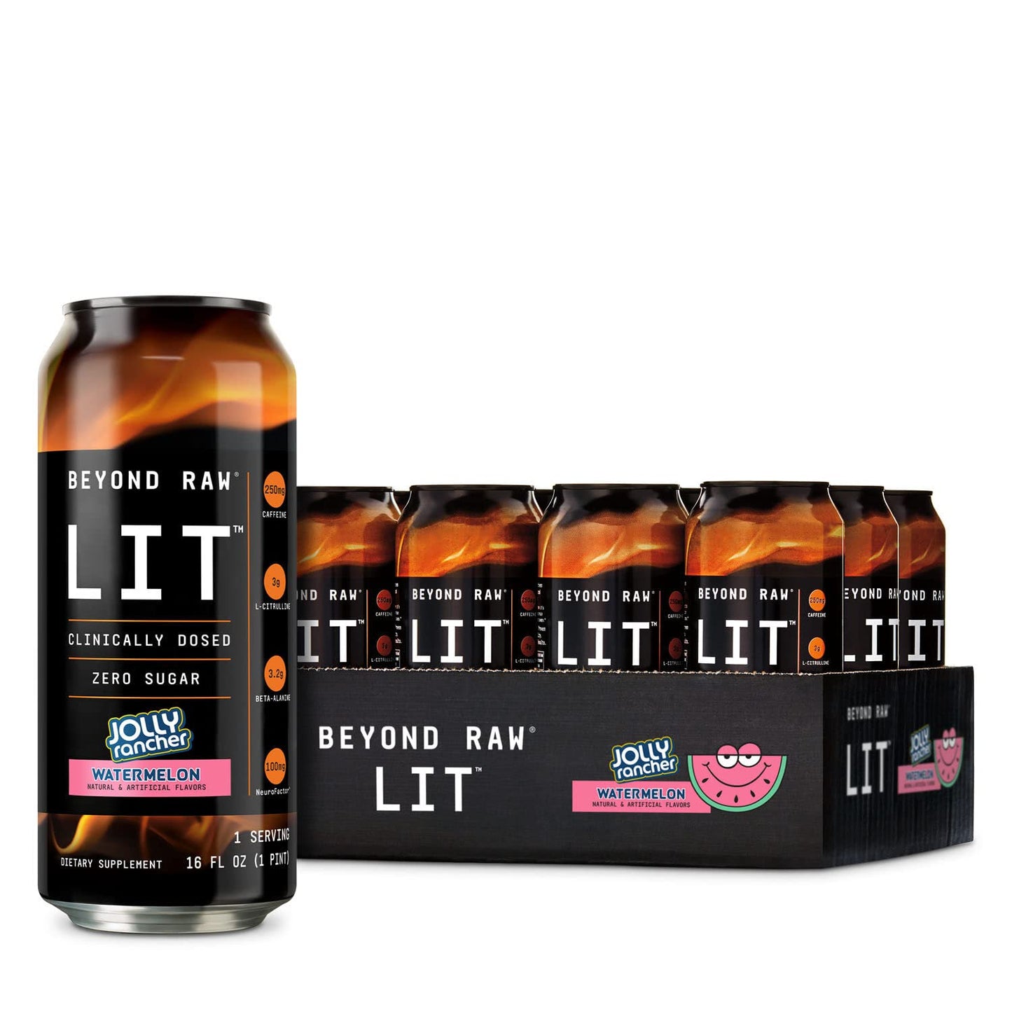 BEYOND RAW LIT On The Go | Ready to Drink Cans | Contains Caffeine, L-Citrulline, Beta-Alanine, and Nitric Oxide | Jolly Rancher Watermelon | 12 Count