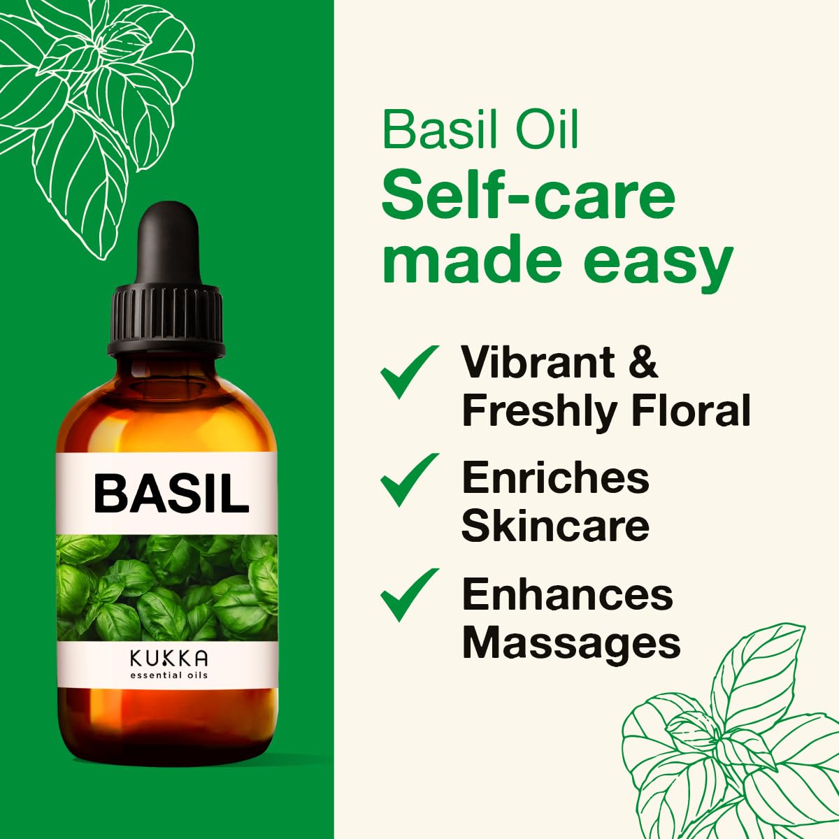Kukka Basil Essential Oil for Diffusers - Basil Essential Oil for Skin - Basil Oil for Aromatherapy, Skin, Fragrance KUKKA essential oils