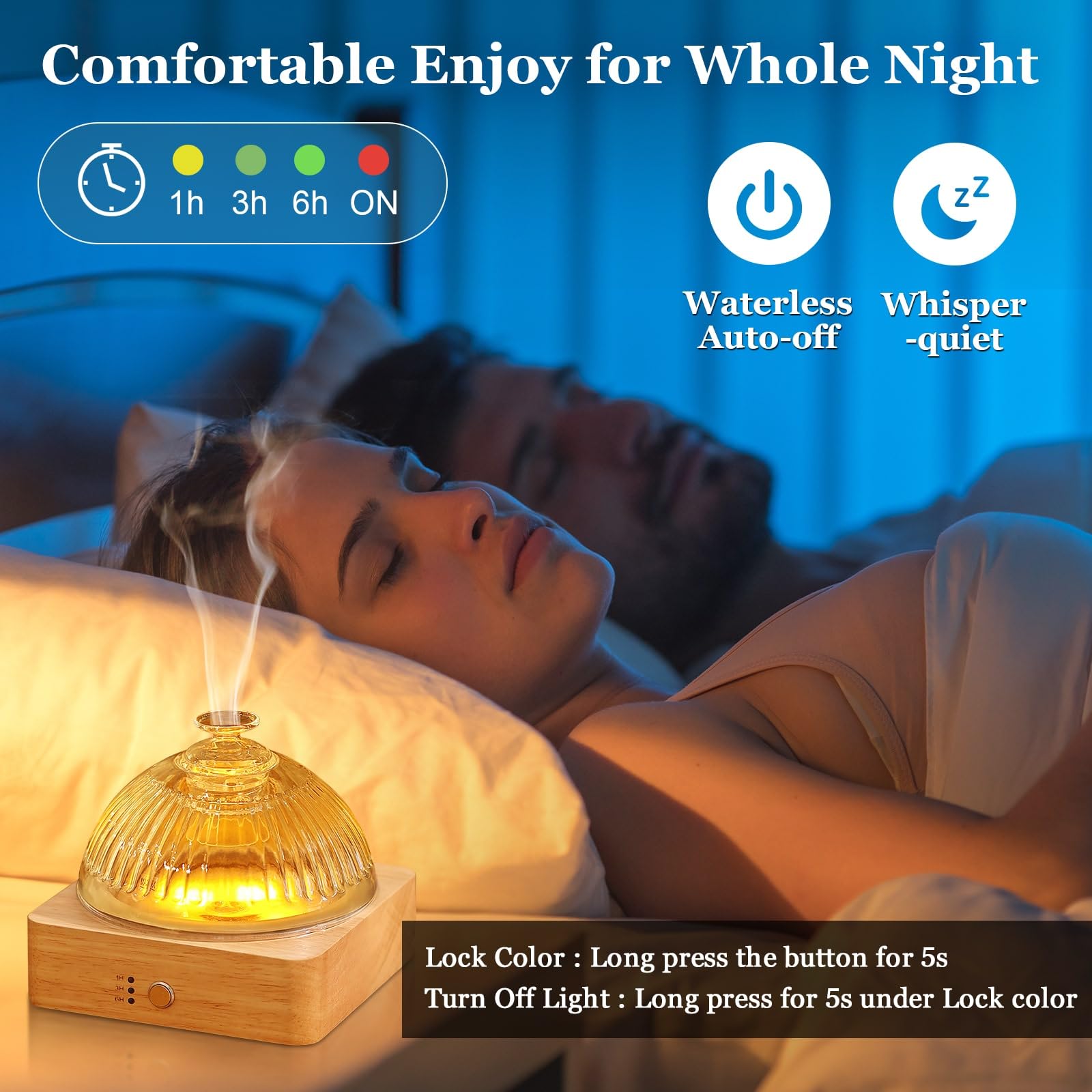 Lecdura Glass Essential Oil Diffuser with Glass Reservoir & Wood Base - Plastic Free, 200ml Lock Lecdura