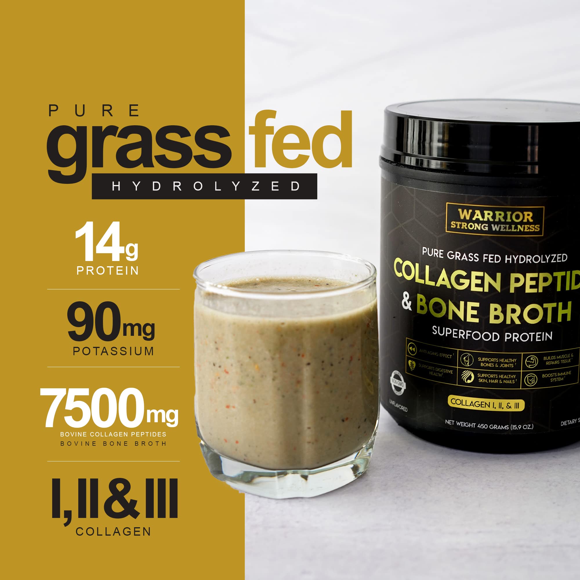 Warrior Strong Wellness Premium Collagen Peptides Bone Broth: Grass Fed Hydrolyzed Warrior Strong Wellness
