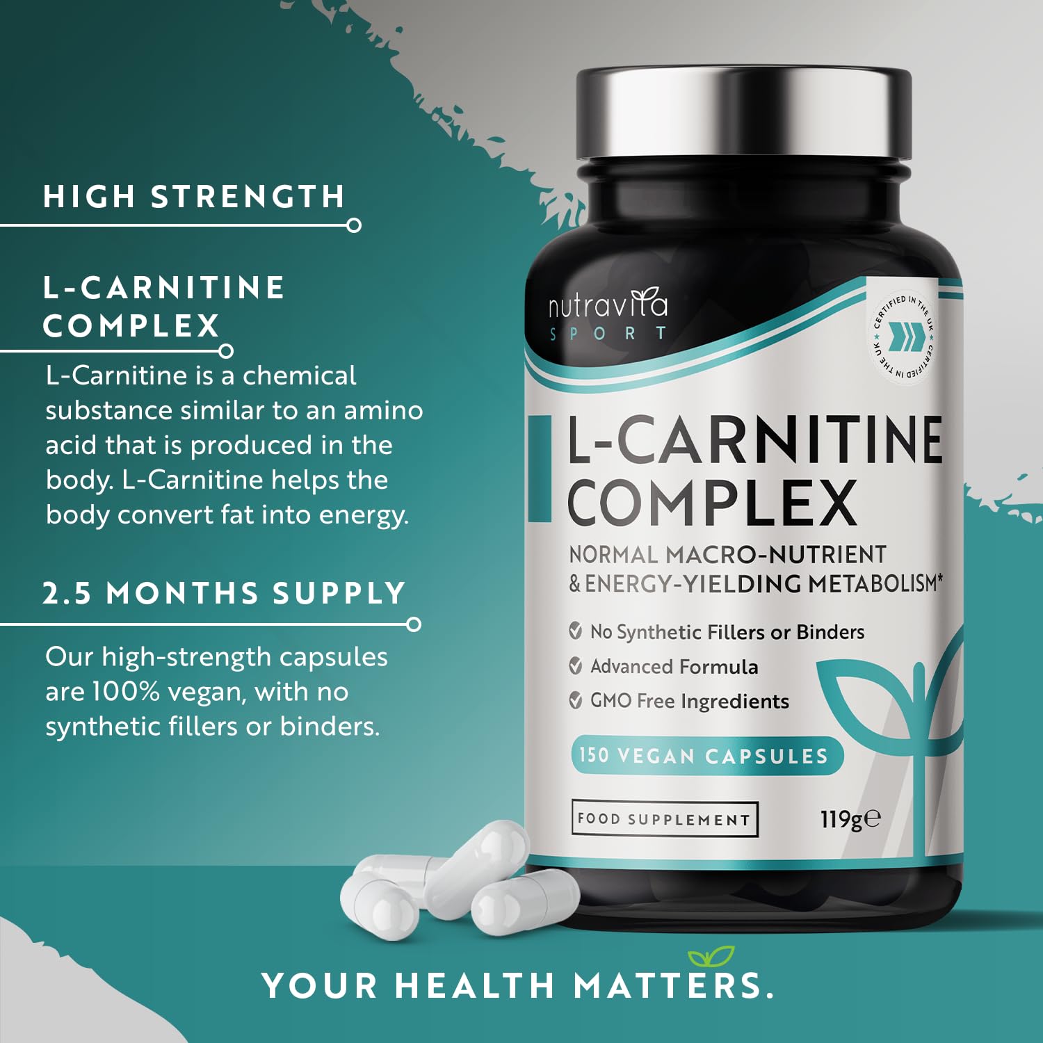L-Carnitine Complex - High Strength Capsules with Added Riboflavin, Biotin, Chromium Nutravita