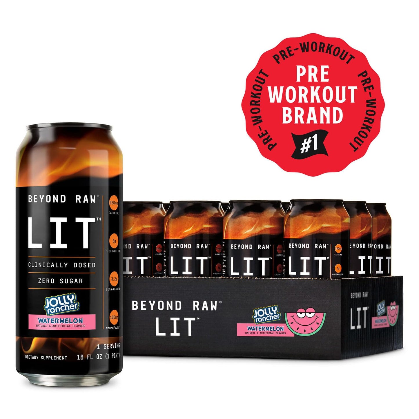 BEYOND RAW LIT On The Go | Ready to Drink Cans | Contains Caffeine, L-Citrulline, Beta-Alanine, and Nitric Oxide | Jolly Rancher Watermelon | 12 Count