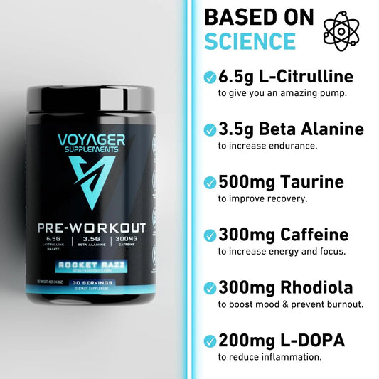 Voyager Supplements Pre-Workout Powder | Rocket Razz | Intense Pump | Maximized Energy | G-Force Strength | Laser Focus | Science-Backed & Gym Proven | 30 Servings