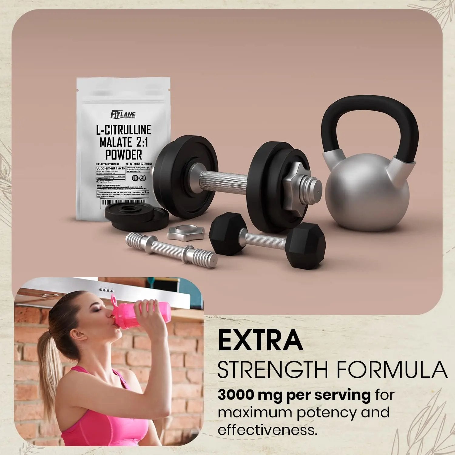 L Citrulline Malate 2 1 Powder 300 Grams - Bulk L Citrulline Powder - Free Form Amino Acid Pre Workout Supplement - Raw and Pure with no Additives by Fit Lane Nutrition.