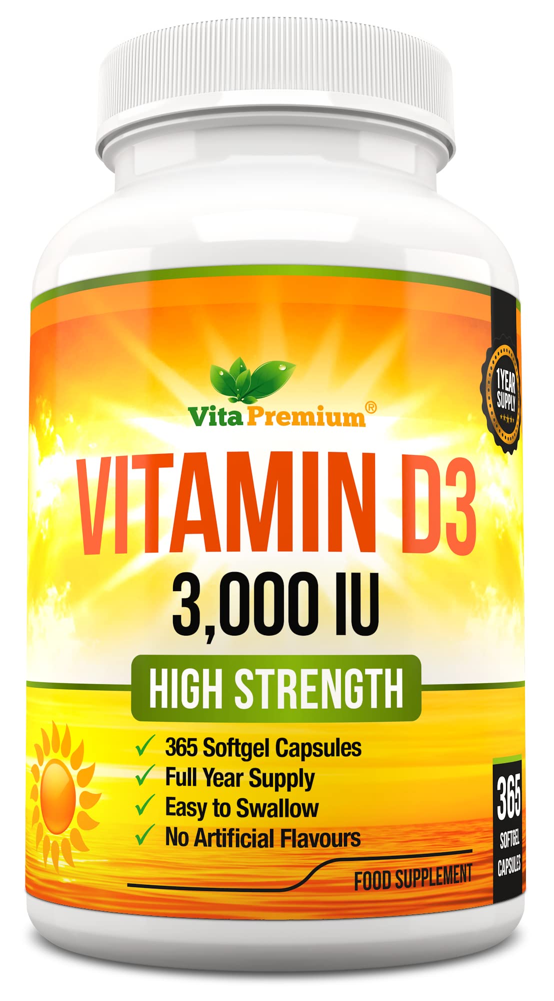 Vitamin D 3,000 IU, High Strength Vitamin D3 Supplement, 365 Easy to Swallow Softgels