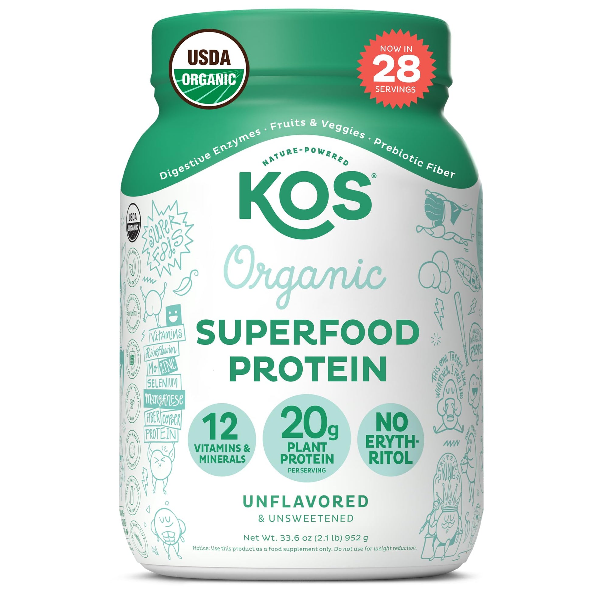 KOS Vegan Protein Powder, Unflavored & Unsweetened - Low Carb Pea Protein Blend