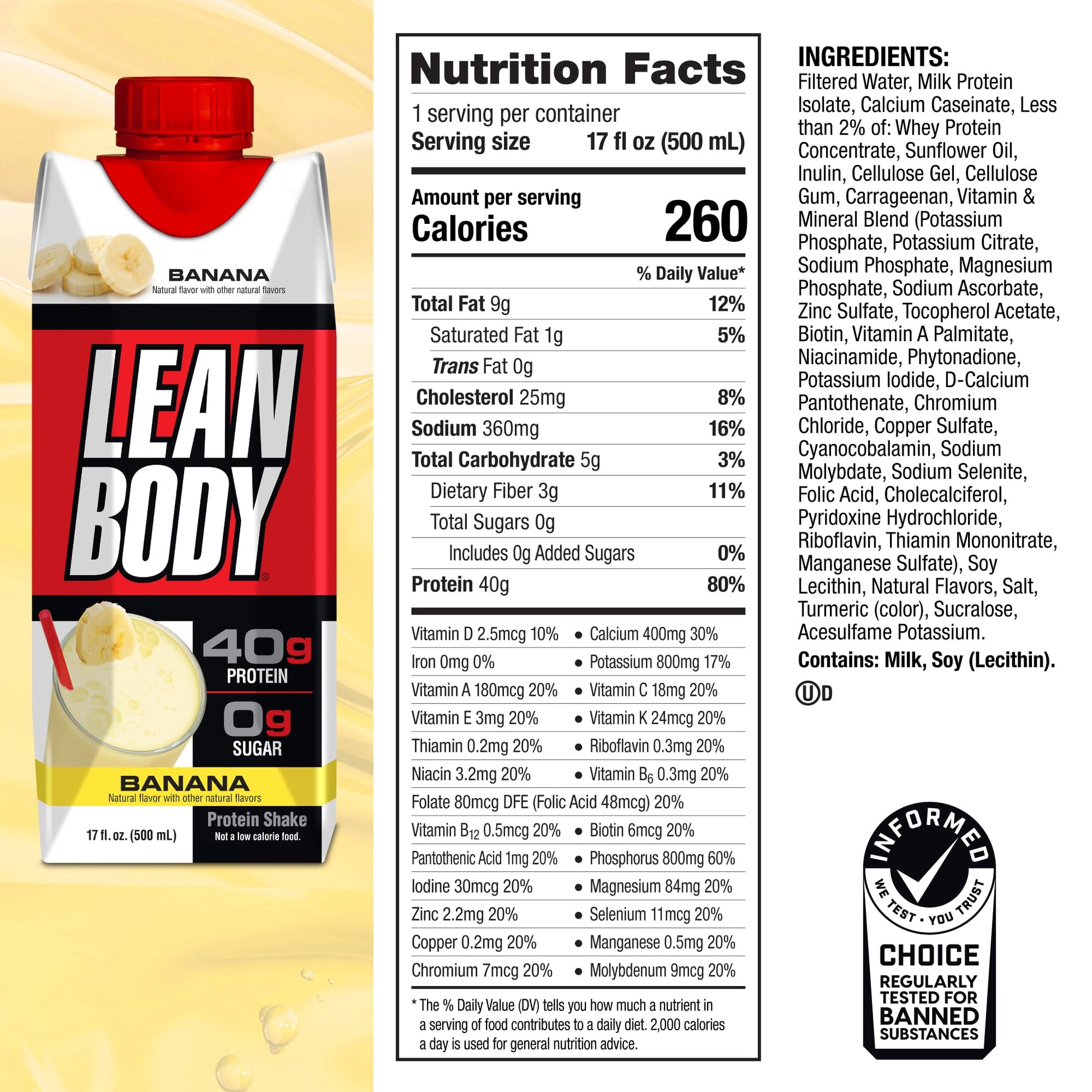 Lean Body Ready-to-Drink Banana Protein Shake, 40g Protein, Whey Blend, 0 Sugar Labrada
