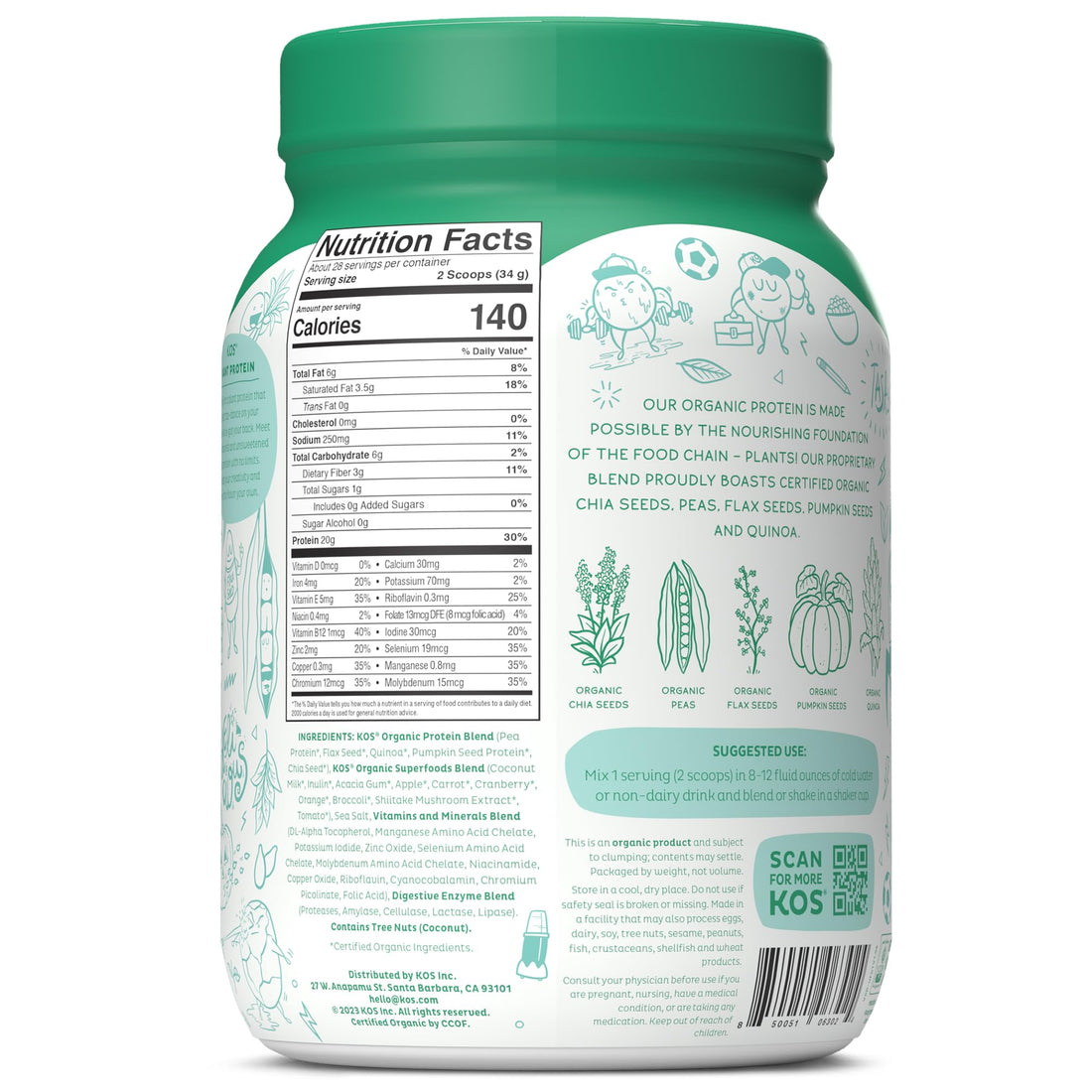 KOS Vegan Protein Powder, Unflavored & Unsweetened - Low Carb Pea Protein Blend