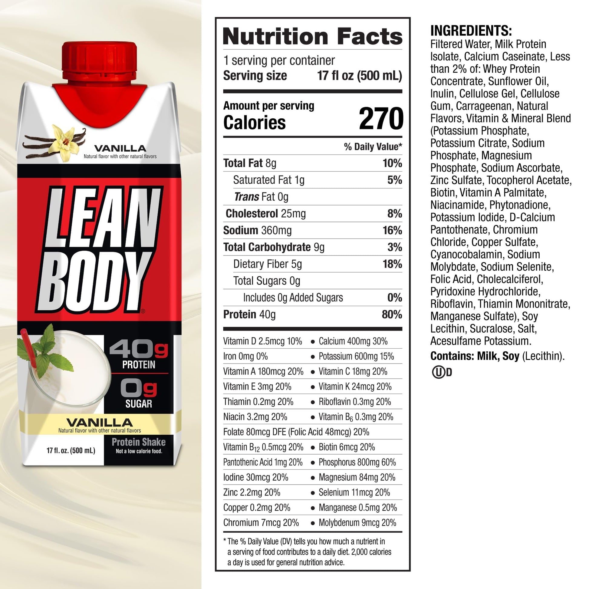 Lean Body Ready-to-Drink Vanilla Protein Shake, 40g Protein, Whey Blend, 0 Sugar, Gluten Labrada