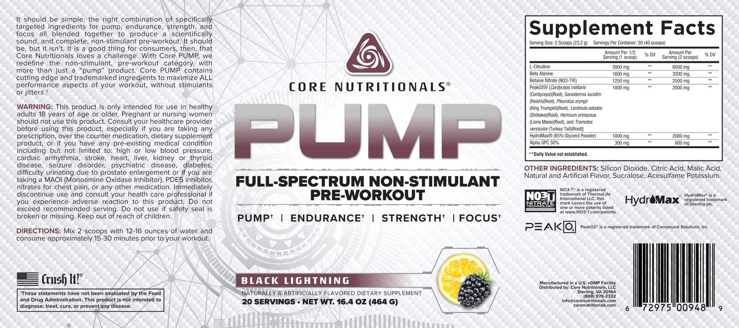 Core Nutritionals Pump Full-Spectrum Non-Stimulant Pre-Workout, with N03T Nitrate, Peak02, Alpha GPC, for Maximum Pump, Strength, and Performance 20 Servings (Black Lightning)
