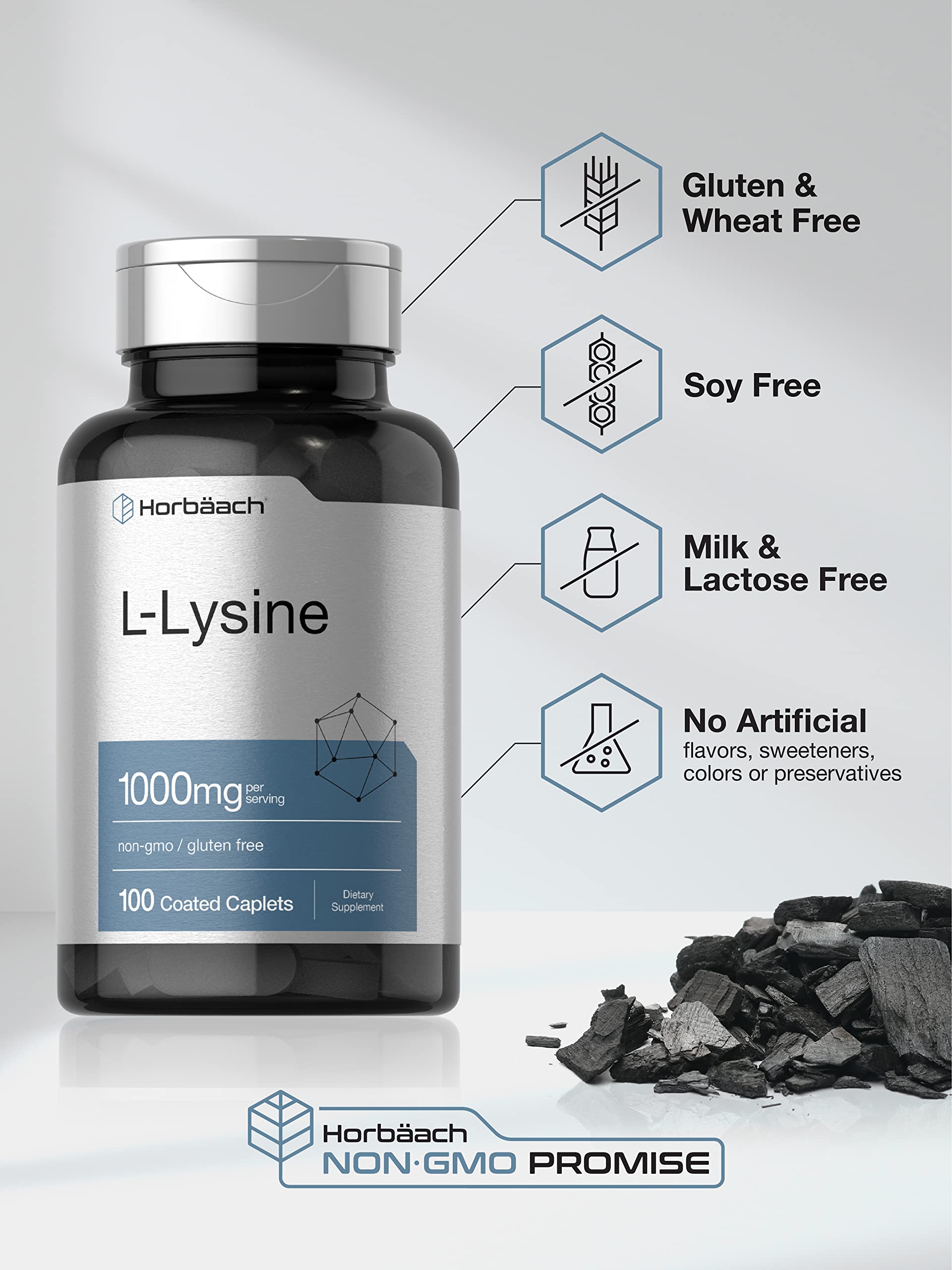 L-Lysine 1000mg | 100 Coated Caplets | Free Form Dietary Supplement | Vegetarian Horbäach