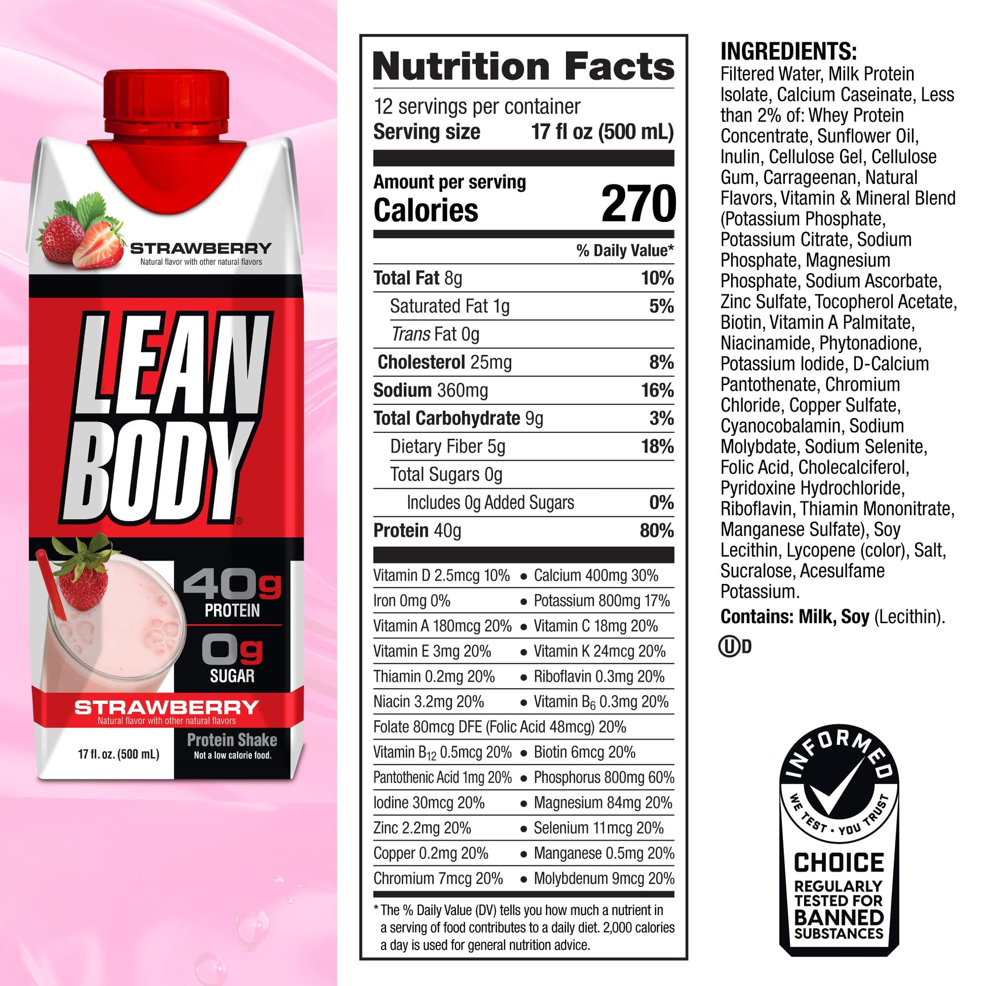 Labrada Lean Body Ready-to-Drink Strawberry Protein Shake, 40g Protein, Whey Blend Labrada