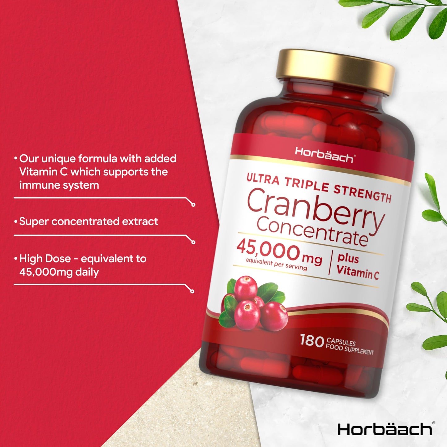 Cranberry Capsules 45,000 mg | High Strength Cranberry Extract with Vitamin C