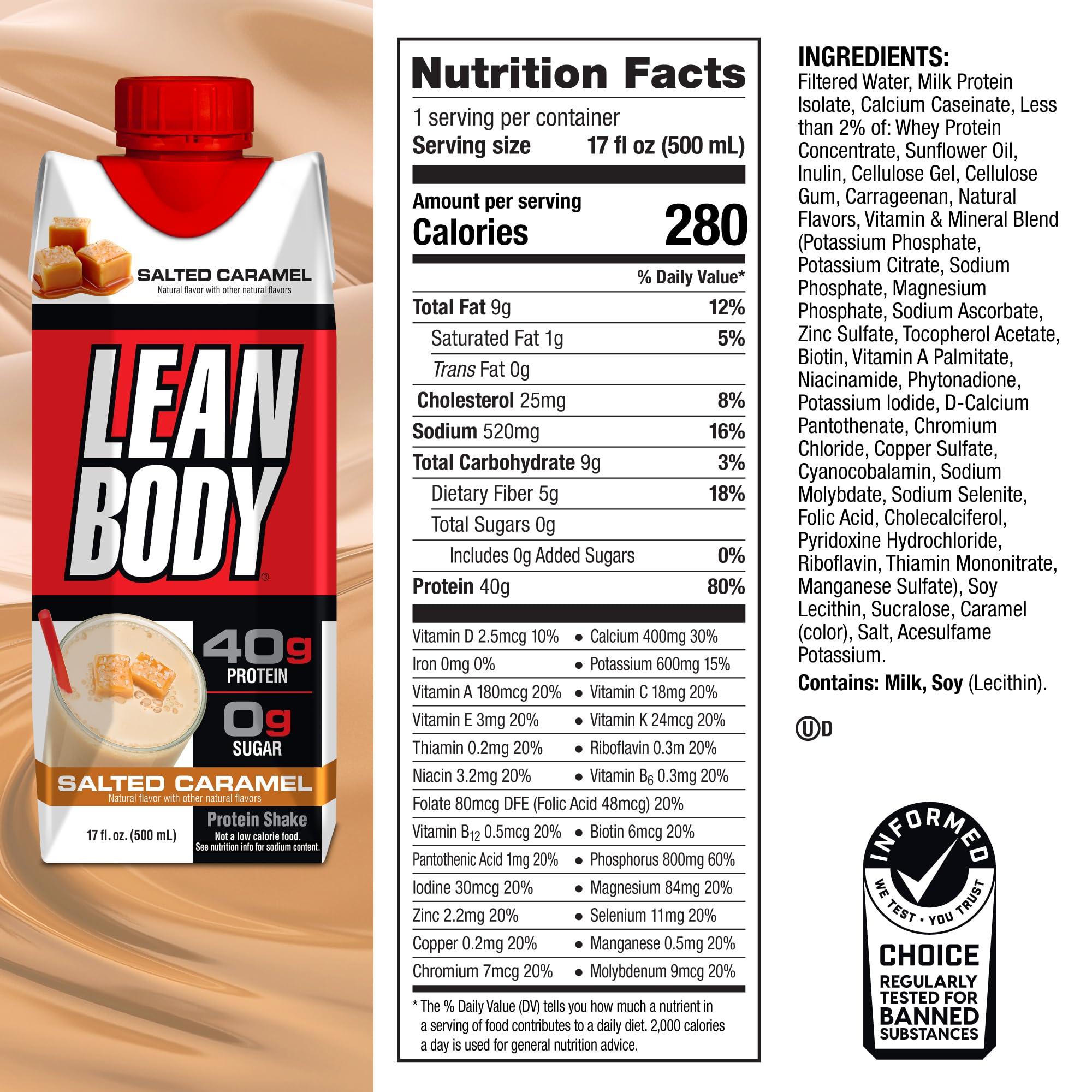 Lean Body Ready-to-Drink Salted Caramel Protein Shake, 40g Protein, Whey Blend Labrada