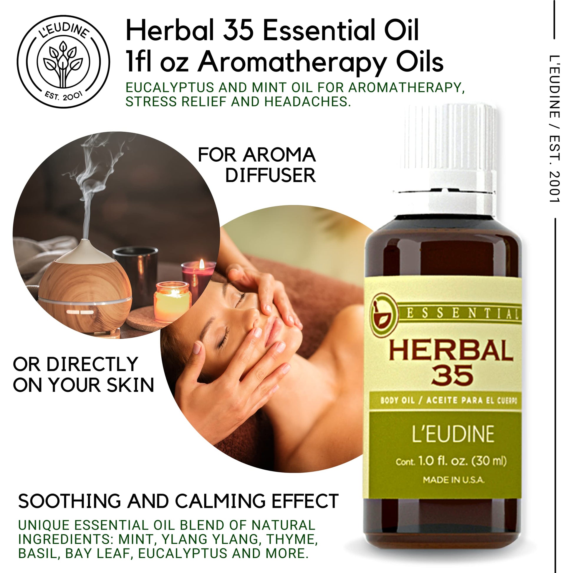 L'eudine Herbal 35 Essential Oil, Soothing and Calming Eucalyptus Essential Oil, Powerful Blend L'eudine