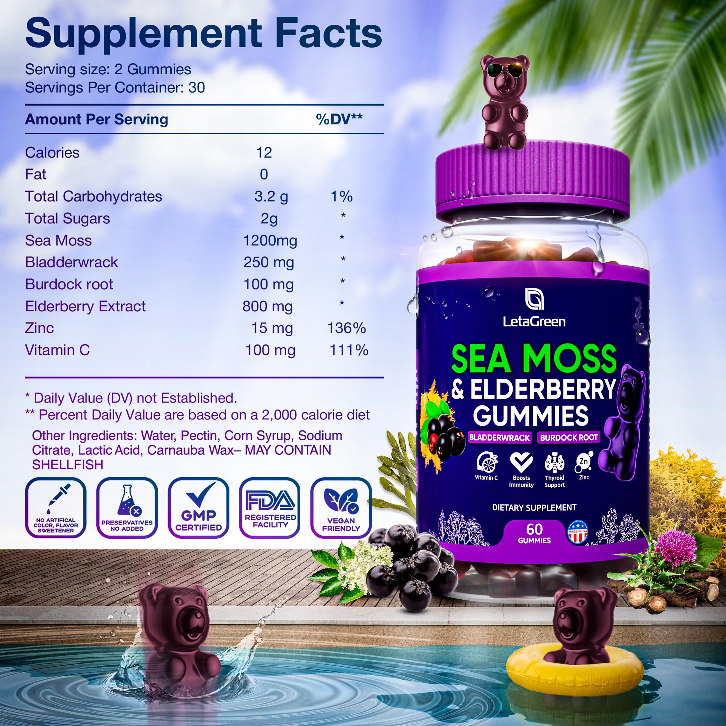 LetaGreen Irish Sea Moss Gummies - 60 Vegan Seamoss Gummies Bears