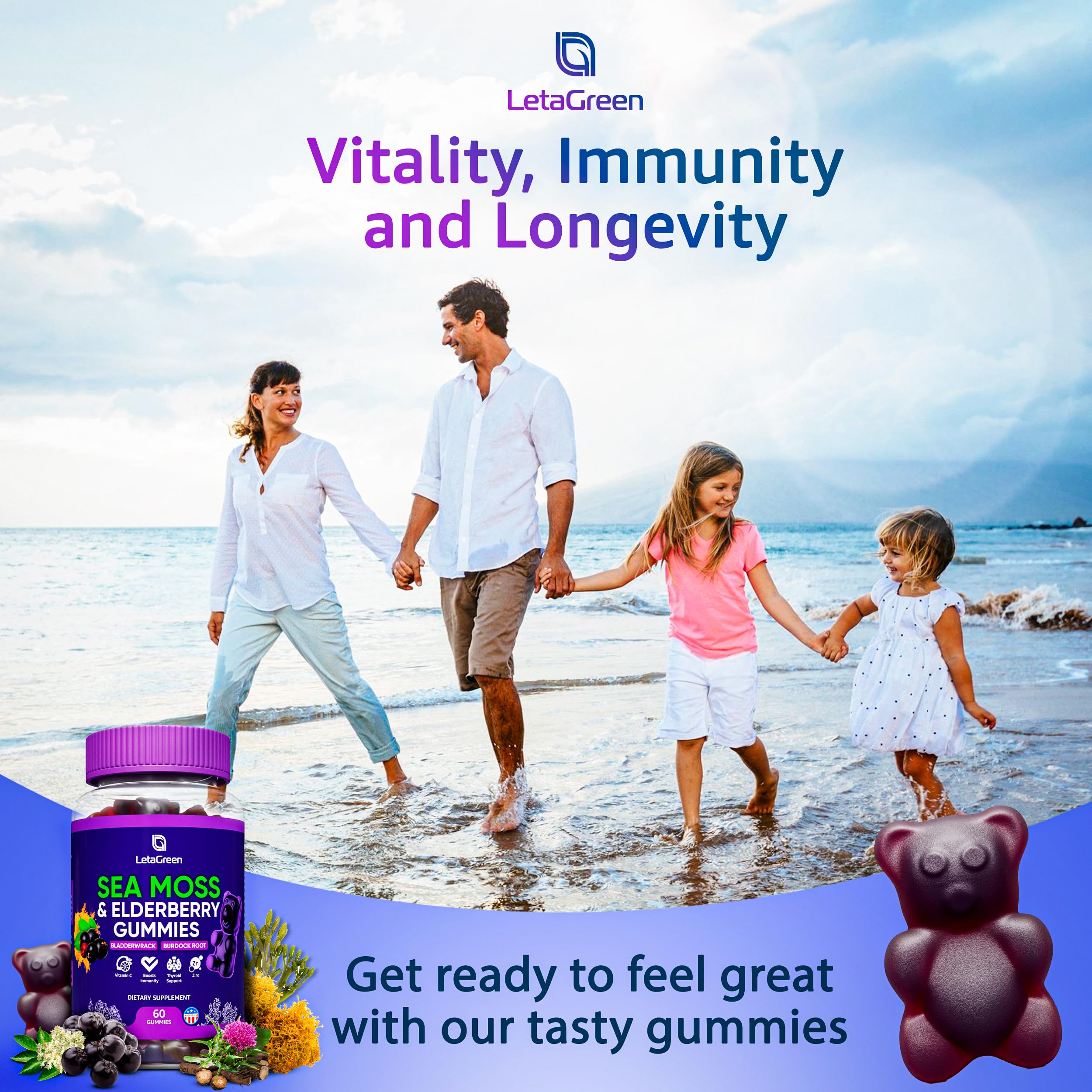 LetaGreen Irish Sea Moss Gummies - 60 Vegan Seamoss Gummies Bears