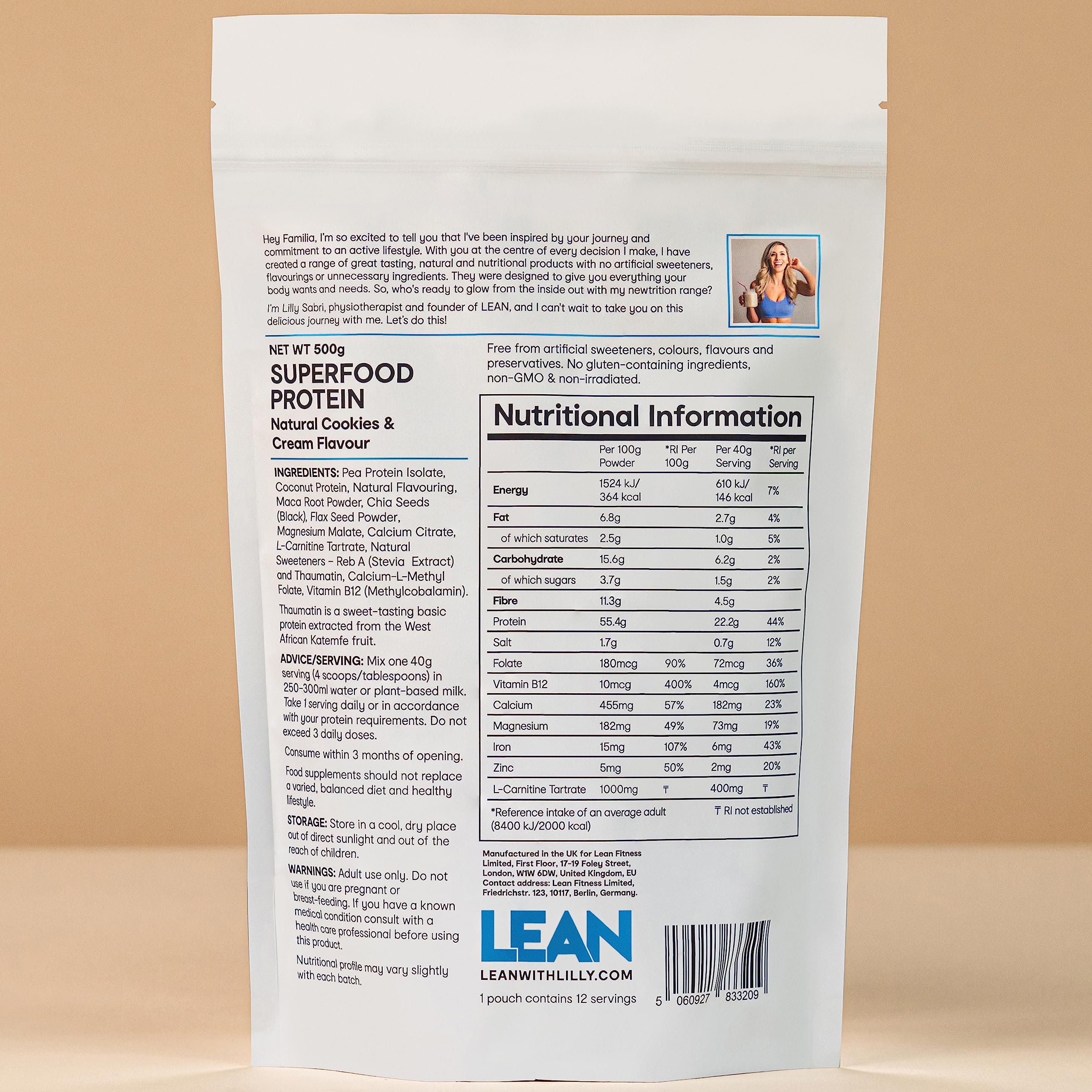 LEAN with Lilly Superfood Protein Vegan Protein Plant Based Protein Cookies and Cream Flavour 500g Lean With Lilly