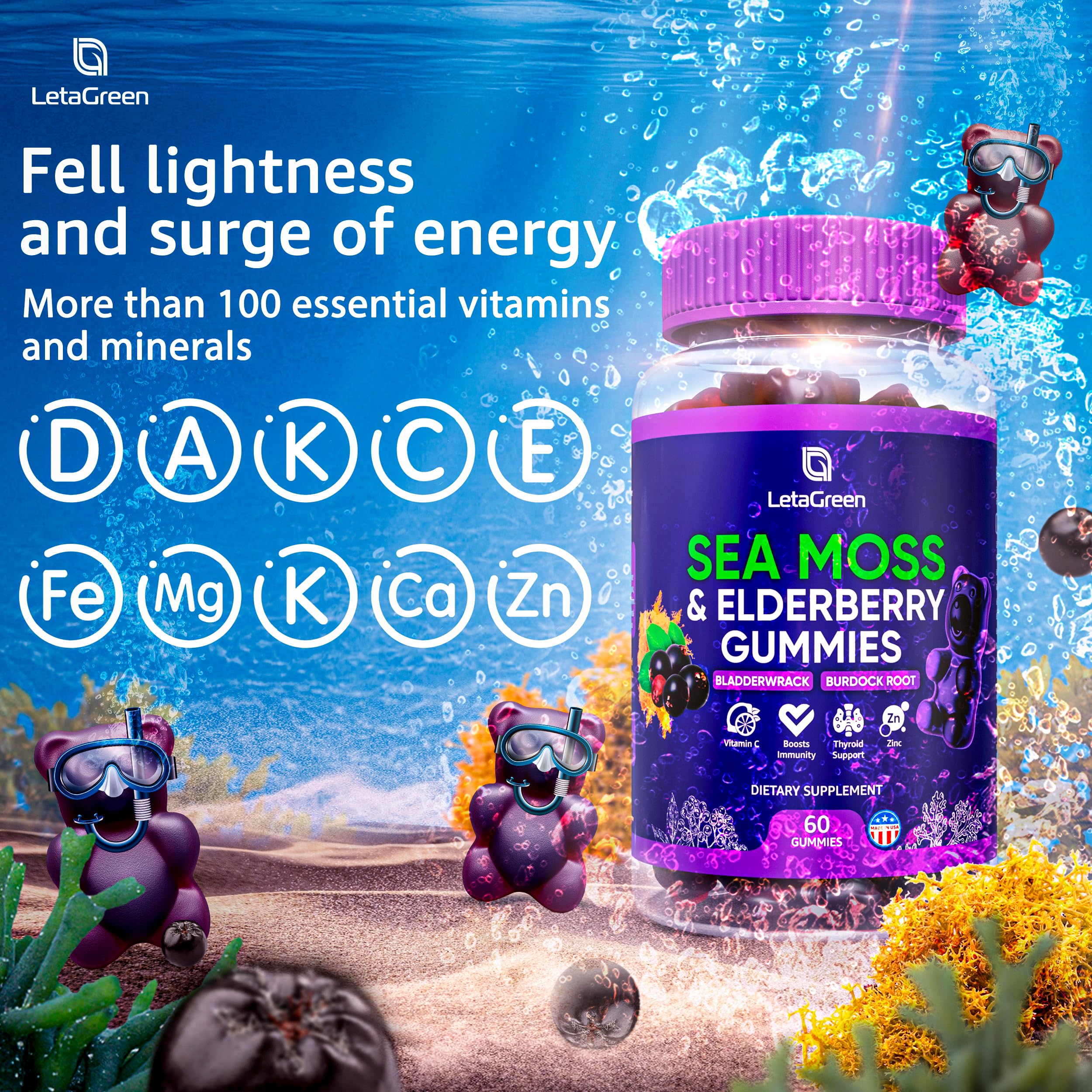 LetaGreen Irish Sea Moss Gummies - 60 Vegan Seamoss Gummies Bears