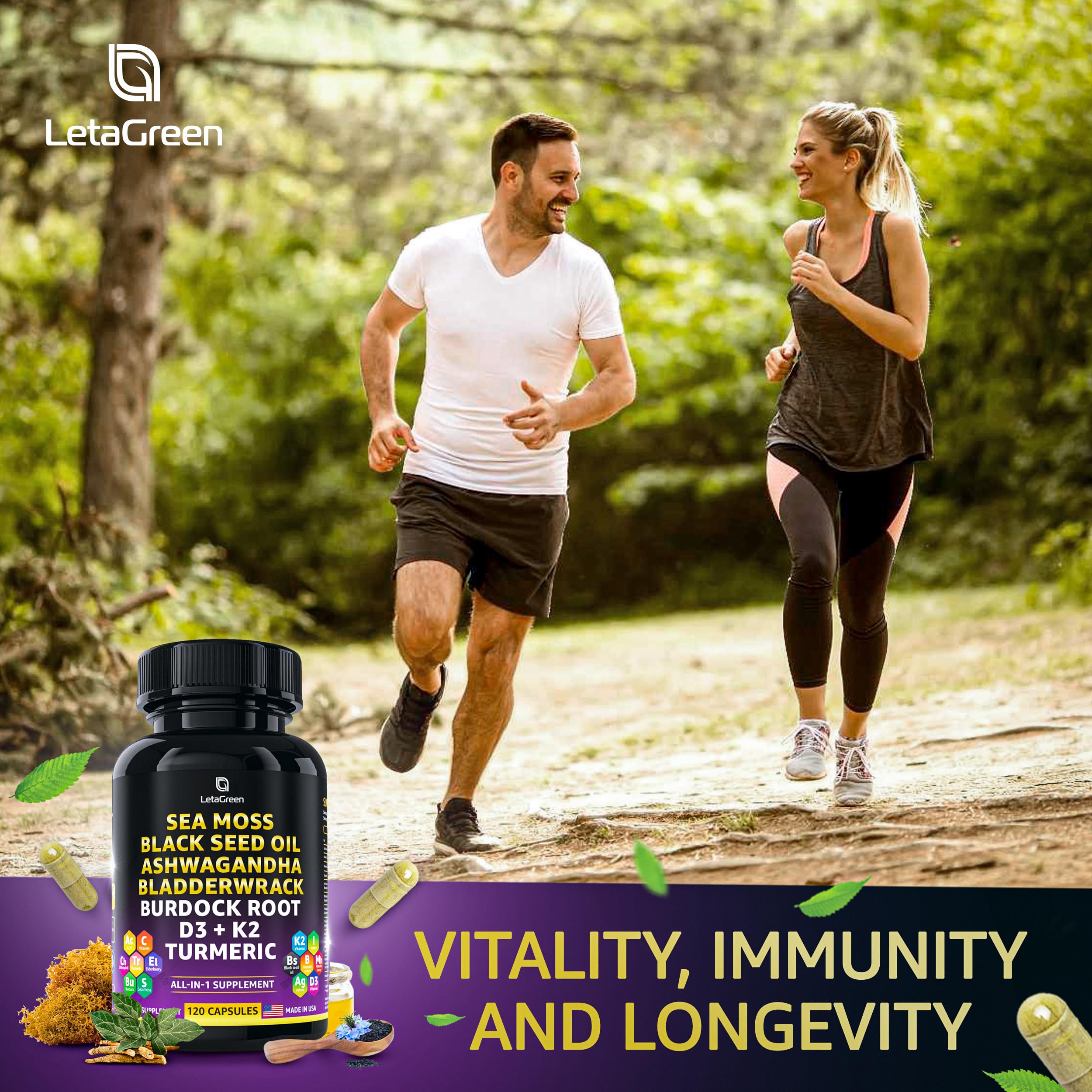 LetaGreen Ocean Wild Sea Moss Capsules - 120 Black Seed Oil Sea Moss Pills