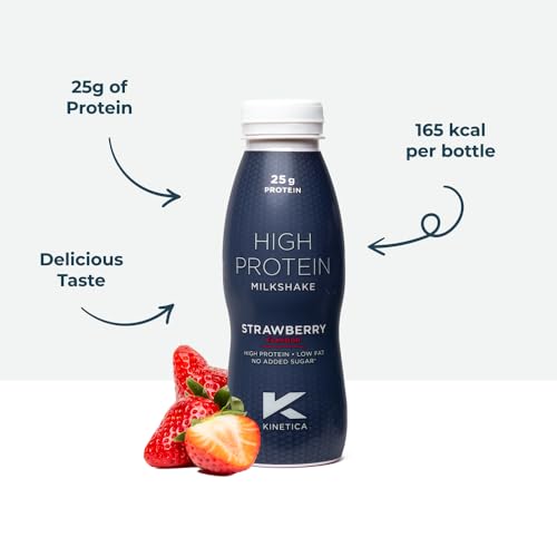 Kinetica Ready-to-Drink Protein Shake, 12 X 330mls, 165 cals, 25g Protein per Bottle, Low Fat (Strawberry) Kinetica