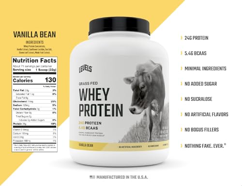 Levels Grass Fed 100% Whey Protein, No Hormones, Vanilla Bean, 5LB Levels Nutrition