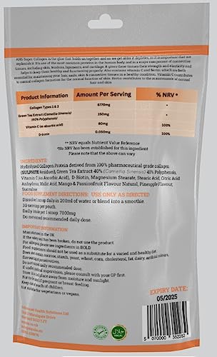 AHS Super Flavoured (Mango & Passionfruit) Collagen Powder 7000MG Per Scoop with Green Tea Extract AHS