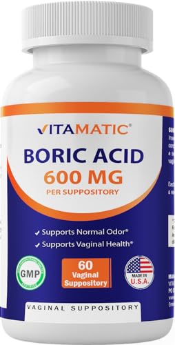 Vitamatic Boric Acid Vaginal Suppositories 600 mg USP Grade Boric Acid in Vegetarian Capsule Shell - 60 Count