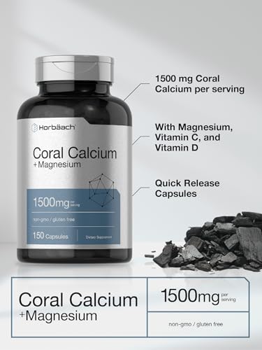 Coral Calcium 1500mg 150 Capsules | Plus Magnesium | Non-GMO, Gluten Free Supplement Horbäach