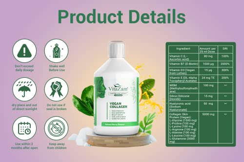 VitaZam Vegan Collagen Liquid 5000mg Hydrolyzed Collagen Peptides for Women VitaZam