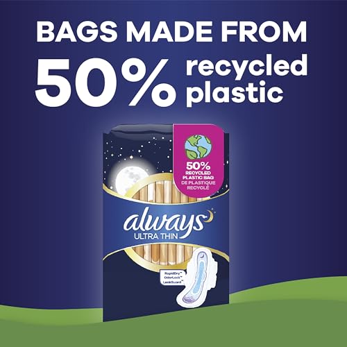 Always Ultra Thin Feminine Pads with Wings for Women, Size 4, Overnight Absorbency, Unscented Always