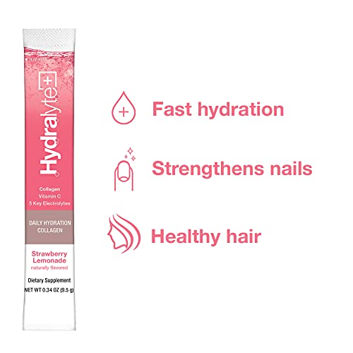 Hydralyte Plus Collagen Effervescent Electrolytes Powder Sachets - 20 Strawberry Lemonade Flavored Sticks Hydralyte