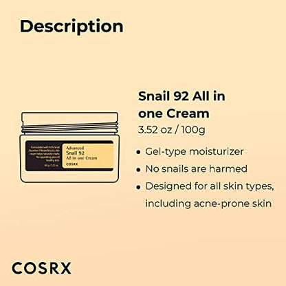 COSRX Snail Mucin 92% Moisturizer 3.52oz/ 100g, Daily Repair Face Gel COSRX
