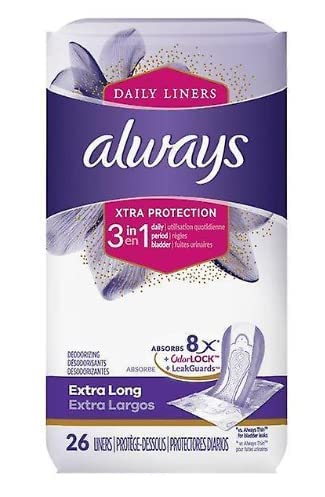 Always Xtra Protection 3-in-1 Daily Liners Extra Long Unscented 26 Ct Always