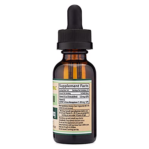 Vitamin D3 K2 5,000 IU Liquid Drops (5,000 IU of D3 and 200mcg of 99.9% All-Trans Double Wood Supplements