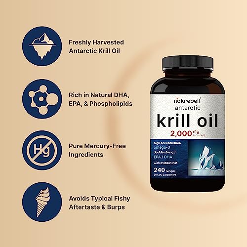Antarctic Krill Oil 2000mg Supplement, 240 Softgels, 3X Strength Natural Source of Omega NatureBell