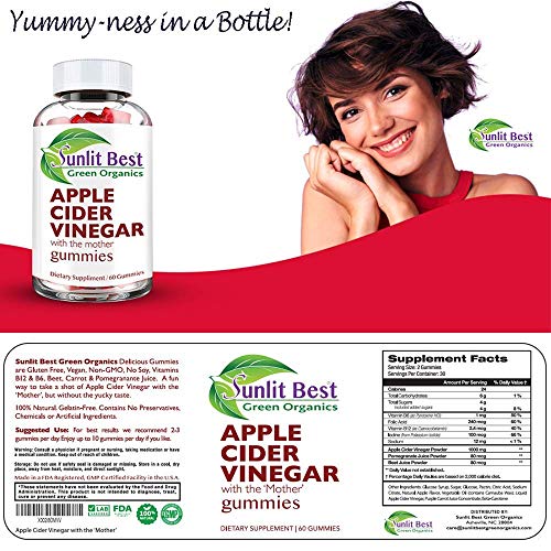 Apple Cider Vinegar Gummies Vitamins with The Mother, Delicious Immunity, Gluten Free Sunlit Best Green Organics