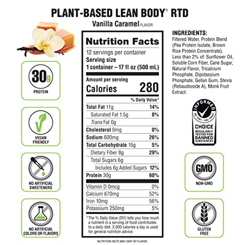 Lean Body Ready-to-Drink, Plant-Based Vegan Vanilla Caramel Protein Shake, 30g Protein Labrada