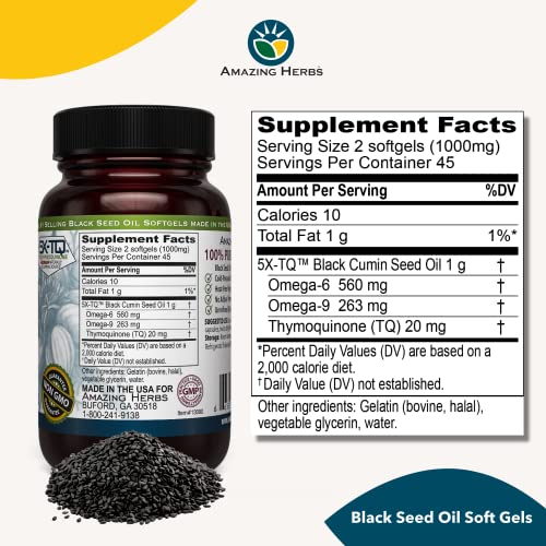 Amazing Herbs Premium Black Seed Oil Capsules - Cold Pressed Nigella Sativa Aids Amazing Herbs