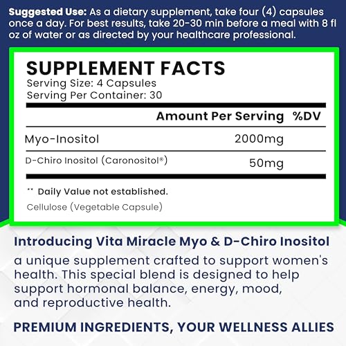 Inositol Supplement Myo-Inositol & D-Chiro Inositol 120 Capsules 2000mg 40:1 Ratio High Vita Miracle
