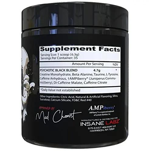 Insane Labz Psychotic Black Edition Mid Stimulant Pre Workout Powder, Energy Focus Insane Labz