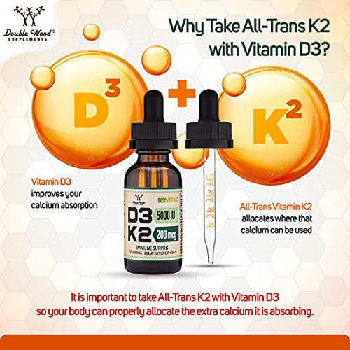 Vitamin D3 K2 5,000 IU Liquid Drops (5,000 IU of D3 and 200mcg of 99.9% All-Trans Double Wood Supplements