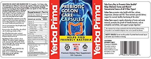 Yerba Prima Prebiotics Colon Care Fiber Caps, 180 Capsules - Five Forms of Fiber Plus FOS Yerba Prima